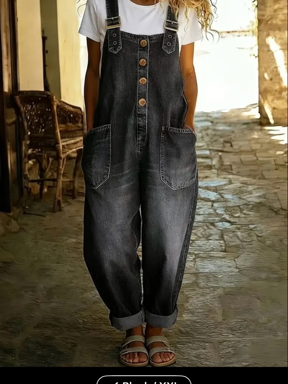 SHEIN Washed Black Denim Overalls with Front Buttons XXL